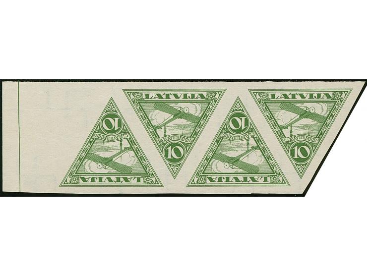 1928, Airmail 10 santimi green, imperforated archive proofs, horizontal strip of four with left sheet margin, without gum, fi