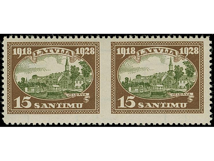 1928, 10th Anniversary of Independence 6 santimi gray-green/lilac and 15 santimi brown/green, each as horizontal pair, imperf
