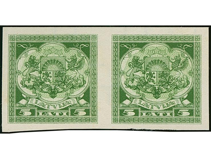 1933, Coat of arms 5 lats green, archive proof, imperforated horizontal pairs, both watermarks, without gum, scarce, fine