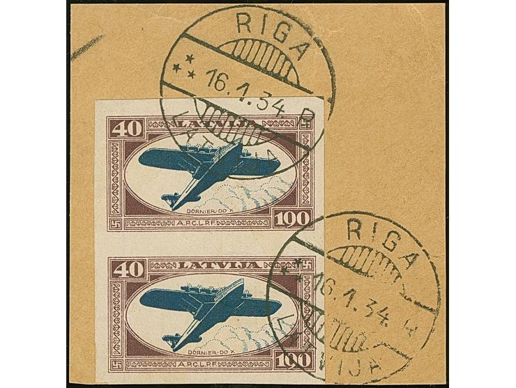 1933, Airmail Charity 8-40 santimi, imperforated vertical pairs, tied by cds. “RIGA 16.1.43” to small pieces, fine, certifica