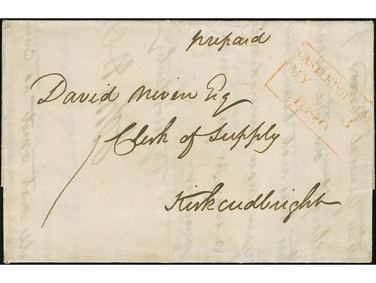 1840, "CASTLEDOUGLAS MY 6 1840", boxed handstamp in red on front of entire prepaid letter to Kirkcudbright, with manuscript “