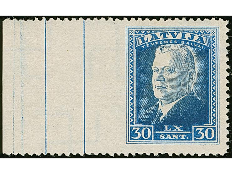 1937, Ulmanis 30 santimi blue/darkblue, with left sheet margin, imperforated at left, without gum, scarce, fine