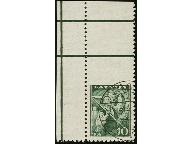 1939, Harvest Festival 10 santimi dark green, upper left sheet corner, imperforated at top, used with part cds. “RIGA”, scarc