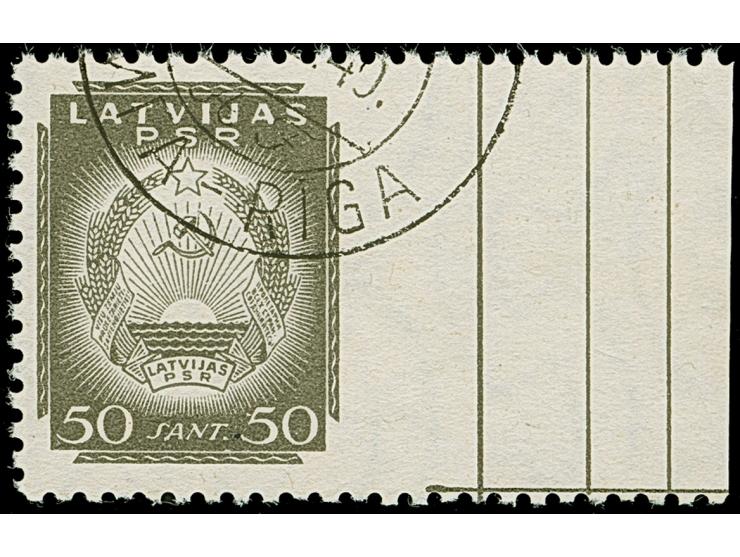 1940, Coat of arms 50 santimi gray, with right sheet margin, imperforated at right, used with part cds. “RIGA”, scarce in use
