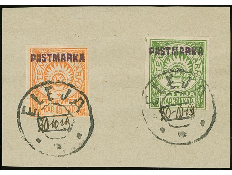 1919, Stempelmarka with violet overprint “PASTMARKA” 15-30 kap., tied by cds. “ELEJA” with handwritten date to piece, fine. T
