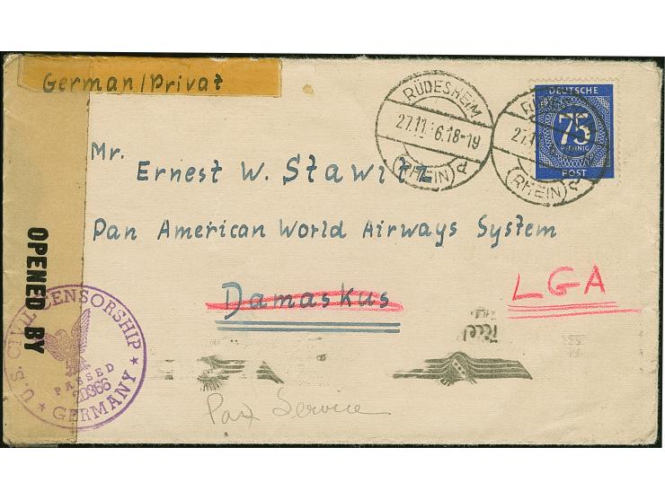 1946, Ziffer 75 Pfg. mit Stempel “RÜDESHEIM 27.11.46” auf Brief mit Zensurstempel an den PAN American World Airways System in