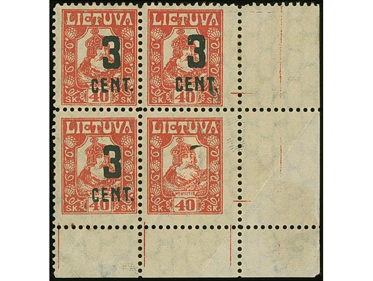 1922, New Currency surcharge 3 cent on 40 skatiku, block of four from the lower right sheet corner, the lower right stamp, du