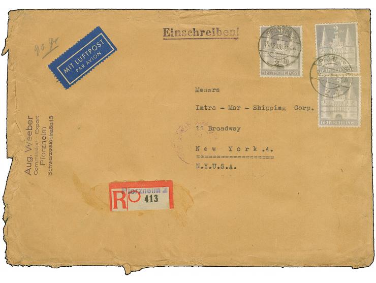 1948, Bauten 2 M. in Type I, drei Einzelmarken mit Stempel “PFORZHEIM 10.12.49” als portogerechte Mehrfachfrankatur auf großf