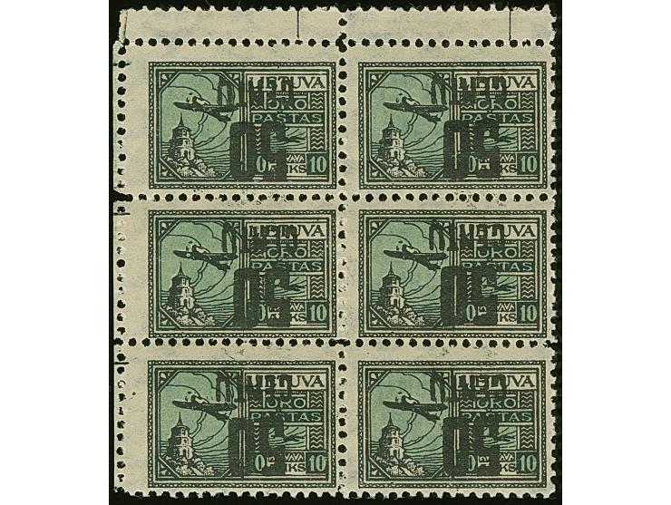 1922, New Currency surcharge Airmail 50 centu and 10 auksinas, inverted surcharge, block of six with gutters at top, reverse 