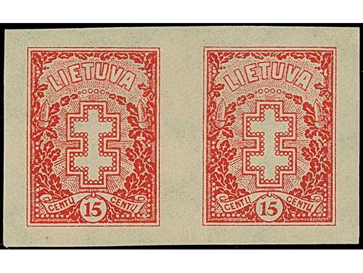 1929, Warrior Cross 5 centu green and 15 centu red, each as imperforated, horizontal pair, mint never hinged, 5 centu small w