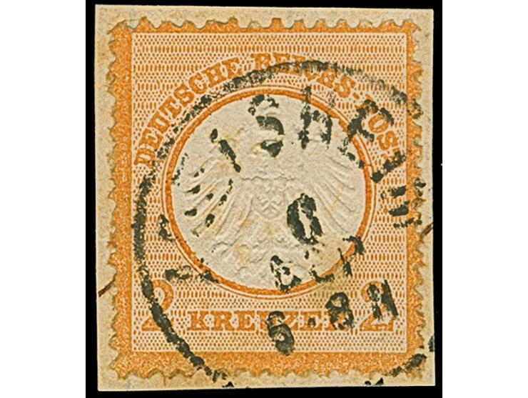 2 Kr. orange mit Plattenfehler “Kerbe im Innenkreis unter P in POST” (Feld 114), mit EKr. “ADELSHEIM 6.SEP.” auf Briefstück. 