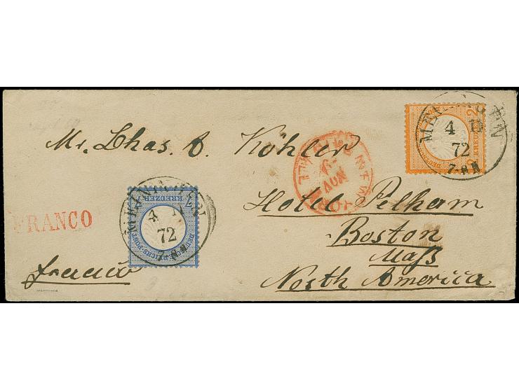 2 Kr. orange mit Plattenfehler “Kerbe im Innenkreis über K in KREUZER” (Feld 31) und 7 Kr. grauultramarin je mit klarem EKr. 