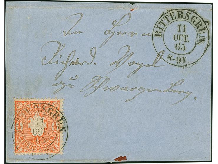 "RITTERSGRÜN 11 OCT. 65", DKr. klar und gerade auf- und nebengesetzt auf ½ ngr. auf kleiner Briefvorderseite. Marke unauffäll