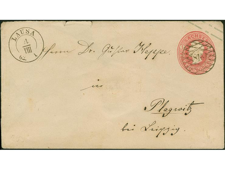 "218" klar auf Umschlag Johann 1 Ngr. rosa, mit sauber nebengesetztem DKr. "LAUSA 4/VIII 62" nach Plagwitz. Das Kuvert rauh g