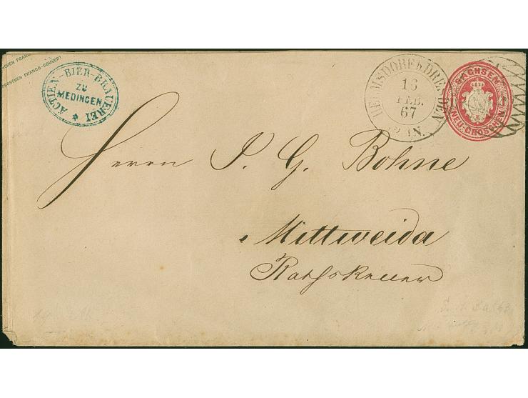 "218" auf Umschlag Wappen 1 Ngr. rosa, mit sauber nebengesetztem DKr. "HERMSDORF b. DRESDEN 16 FEB. 67" nach Mittweida. Gerin