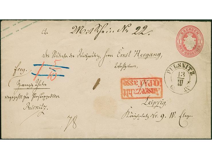 Umschlag 1 Ngr. mit nebengesetztem DKr. "PULSNITZ 13/III 65" und handschriftlichem Vermerk "20 Thaler eingezahlt zur Postexpe