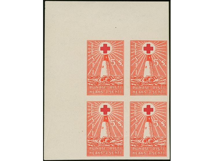 1931, Red Cross 5 senti, imperforated proof, block of four from the upper left sheet corner, mint never hinged, fine (Hurt/Oj