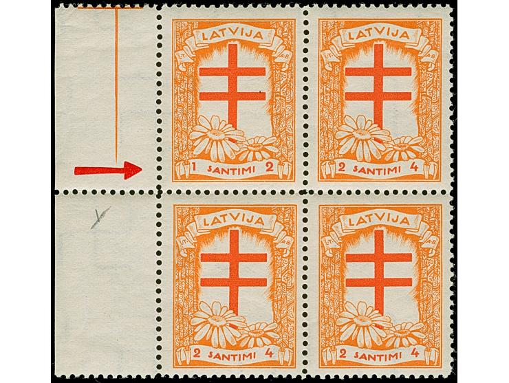 1930, Anti-Tuberculosis 1+2 s. orange/brick-red, block of four, “1+2” at lower left, watermark “nw”, mint never hinged, small