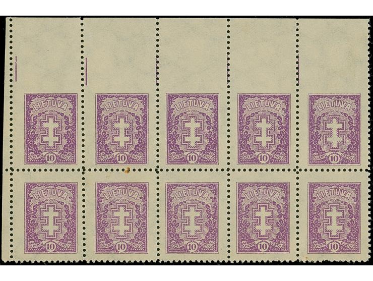 1926/27, Warrior Cross 10 centu violett, block of 10 from the upper left sheet corner, upper row all stamps imperforated at t