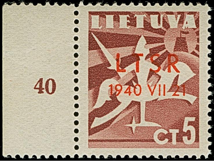 1940, Lithuanian SSR 5 centu with red overprint, with left margin, mint never hinged, minor fingerprint on reverse, fine, sca