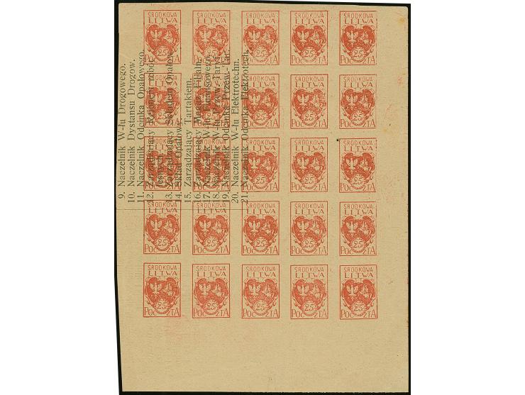 1921, 25 fen red, block of 25 printed on brownish paper, containing a list of employees and directors of presumably a railway