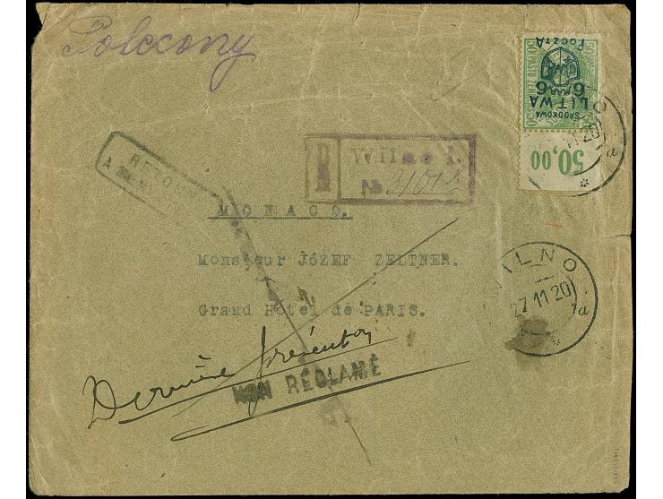 1920, Coat of Arms overprint issue 6 marka on 50 sk. green with upper sheet margin, tied by cds. “WILNO 27.11.20” to register