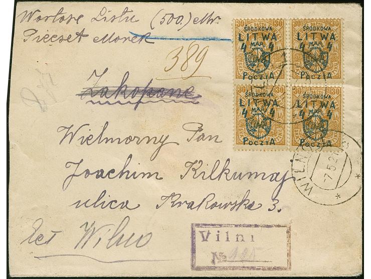 1920, Coat of Arms overprint issue 4 marka on 30 sk. brown, for stamps added as block of four, with additional franking, tied