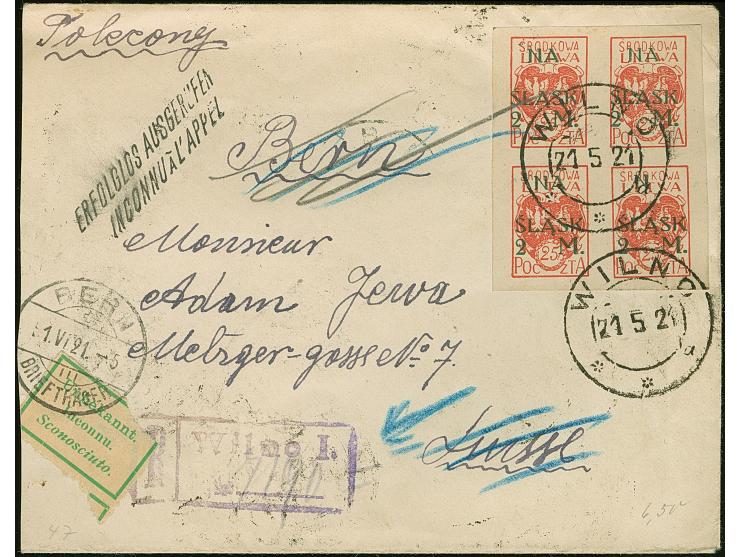 1921, Referendum fund for Upper Silesia 2 marka on 25 fen, block of four, with additional franking, tied by cds. “WILNO 21 5 
