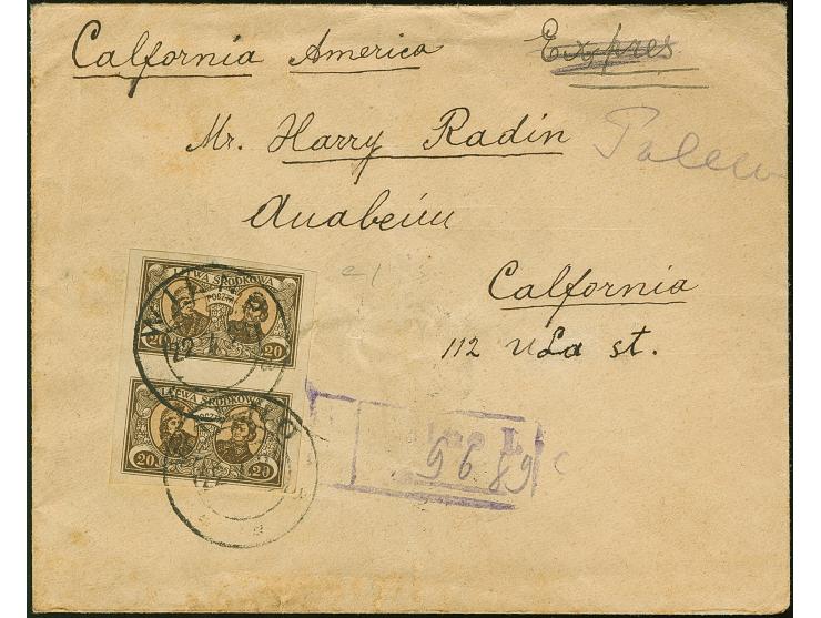 1921, Polish generals 20 marka imperforated, vertical pair, tied by cds. “WILNO 22 7 21” to registered cover to California, U
