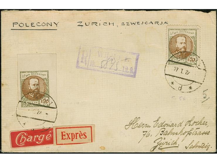 1921, Governor Zeligowski 150 marka, perforated and imperforated, tied by cds. “WILNO 27.I.22” ro registered express cover to