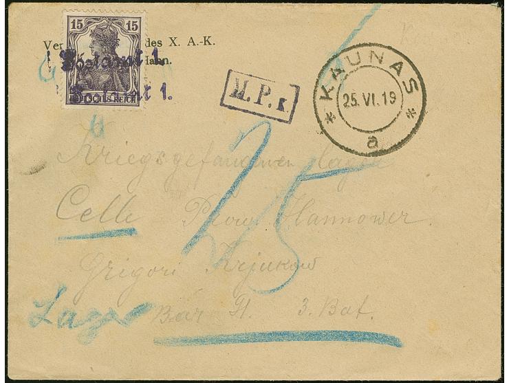 PRISONER OF WAR: Cover from "KAUNAS 25.VI.19" addressed to a POW Camp in Celle, franked with Germania 15 pfennig tied by stra