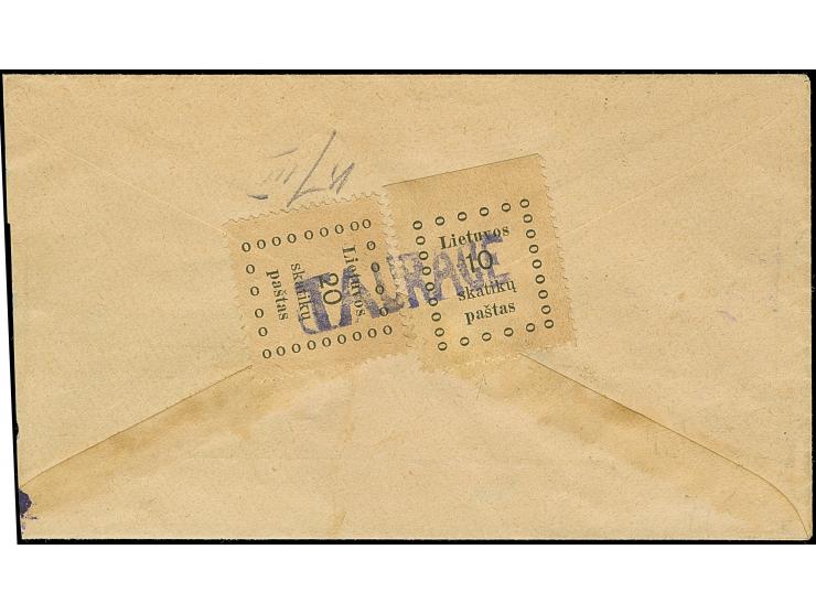 1919, First Kaunas Issue 10 and 20 skatiku tied by straight line "TAURAGE" to reverse of cover to Kaunas, slightly reduced at