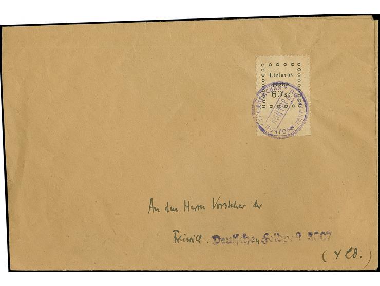 1919, Second Kaunas Issue 60 skatiku, from lower sheet margin, imperforated at bottom, tied by violet cancel of “GRODNO” to c