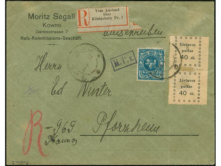 1919, Second Kaunas Issue 40 skatiku, horizontal pair, together with Fourth Berlin Issue 20 skatiku blue, tied by cds. “KAUNA