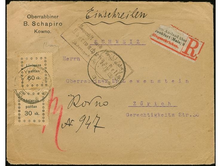 1919, Second Kaunas Issue 30 and 60 skatiku, tied by cds. "KAUNAS 14.IV.19" to registered and censored cover, with pre-printe
