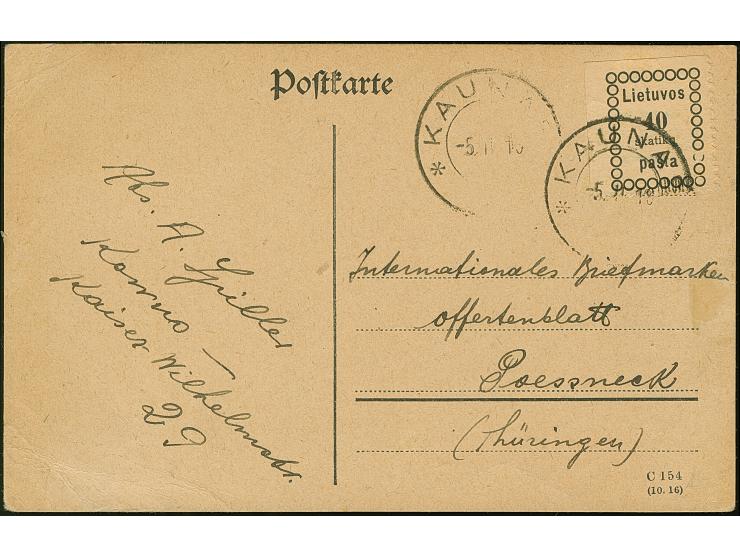 1918, Second Vilnius Issue 40 skatiku from the upper left corner, tied by cds. "KAUNAS -5.II19" to postcard addressed to the 