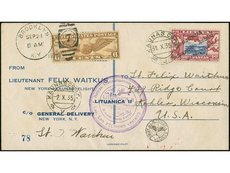 1935, Vaitkus 40 centu tied by cds "KAUNAS centr. 31.X.35" to registered cover with additional Lithuania and USA franking, wi