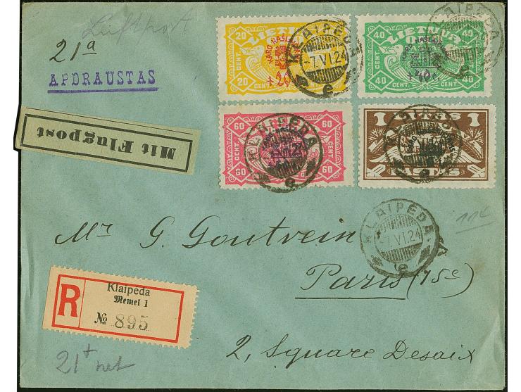 1924, War Oprhans Airmail 20 centu - 1 litas, tied by cds. “KLAIPEDA -7.VI.24” to registered airmail cover to Paris, fine