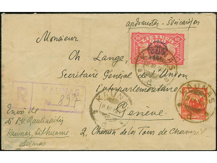 1924, War Oprhans Airmail 60 centu, with additional franking, tied by cds. “KAUNAS 31.III.1924” to slightly soiled registered