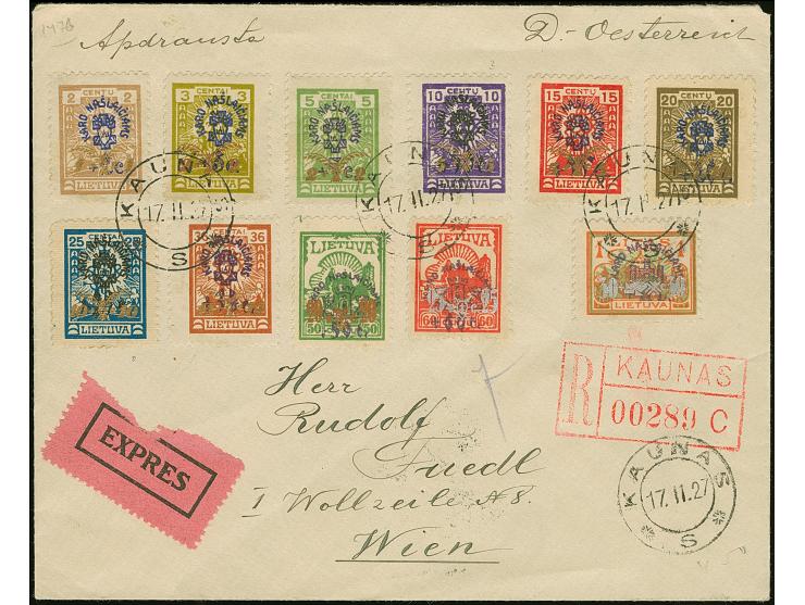 1924, War Invalids +1 on 2+2 centu - +30 on 1+1 litas, tied by cds. “KAUNAS 17.II.27” to registered express cover to Vienna w