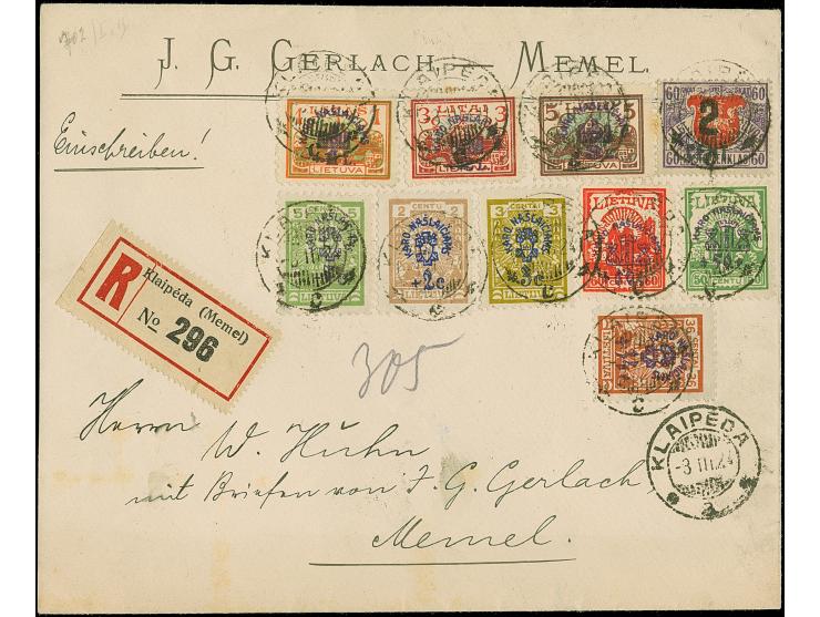 1924, War Orphans 1-5 litas, with additional franking tied by cds. "KLAIPEDA -3.III.24" to local registered cover, minor agin