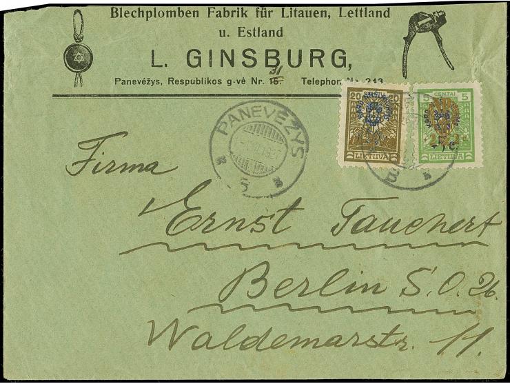 1926, War invalids +10 on 20 centu sepia and Orphans +2 on 5 centu green, tied by cds. “PANEVEZYS 1-VIII.1927” to cover with 