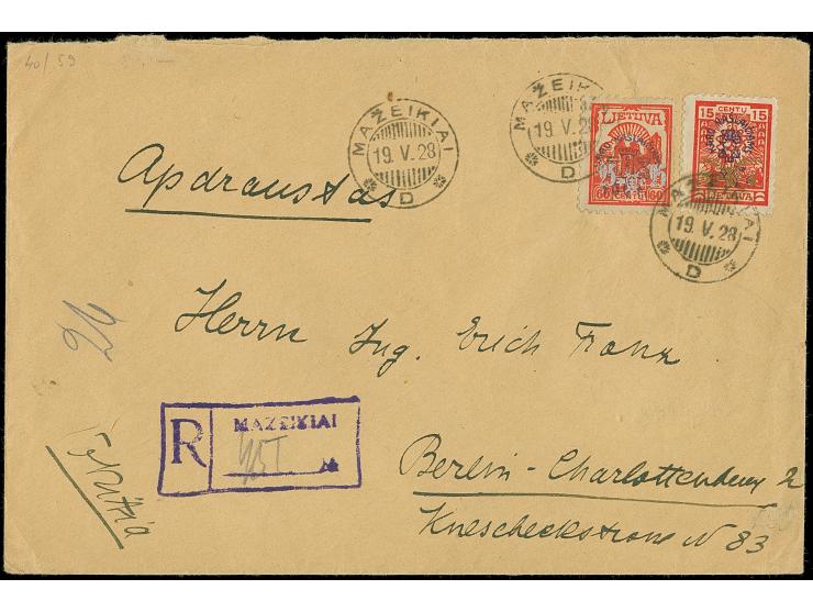 1926, War invalids +5 on 15 centu red and +25 on 60 centu vermillion, tied by cds. “MAZEIKIAI 19.V.28” to registered cover to