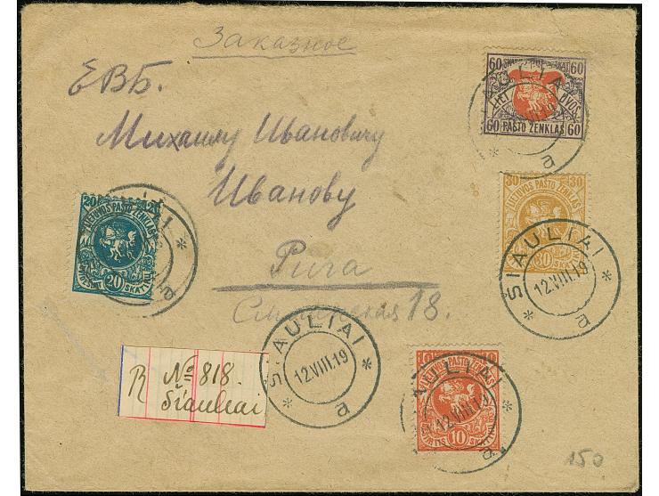 SIAULIAI: 1919, Fourth Berlin Issue 10skatiku brick-red, with additional franking, tied by cds. "SIAULIAI 12.VIII.19" to regi