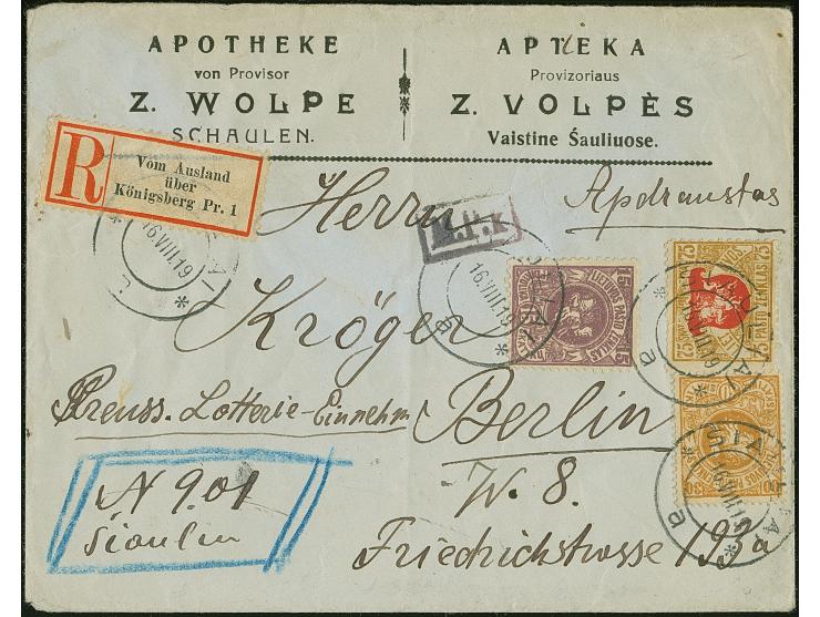SIAULIAI: 1919, Fourth Berlin Issue 15, 30 and 75 skatiku, tied by cds. “SIAULIAI 16.VIII.19” to registered cover with attrac
