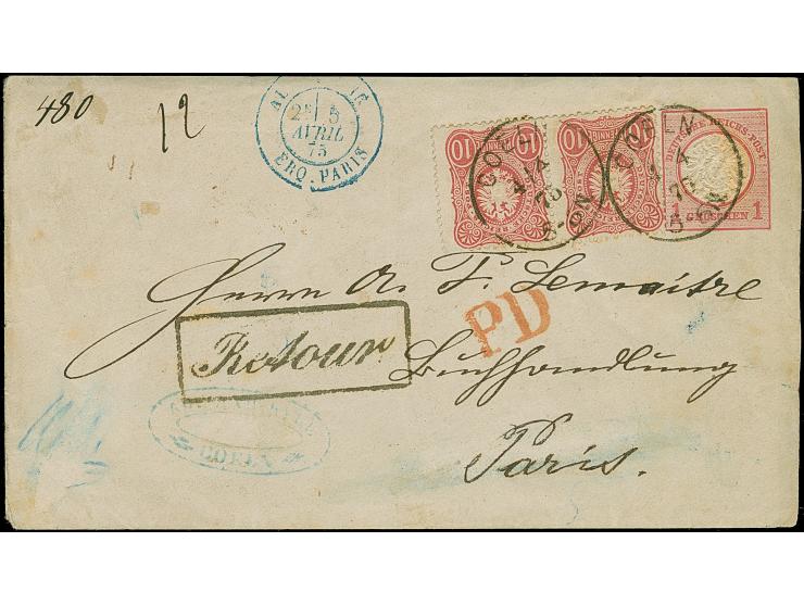 10 Pfge. karminrosa im waagerechten Paar mit EKr. “COLEN 4.4.75" als tarifgerechte Zufrankatur auf Brustschild Ganzsachenumsc