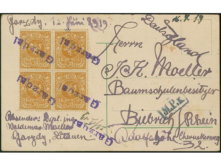 GARZDAI: 1919, Fourth Berlin Issue 30 skatiku, block of four, tied by provisional straight-line ""Garzdai" to picture postcar