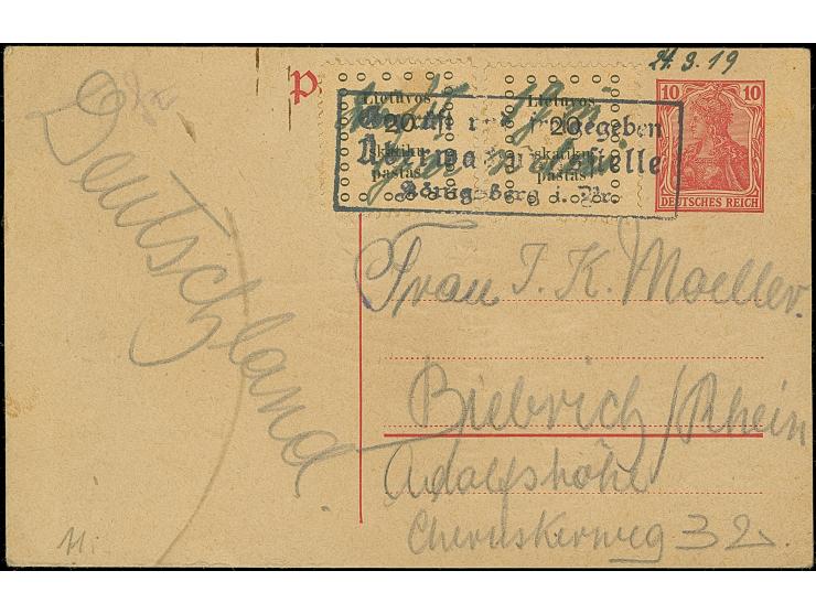 GARZDAI: 1919, First Kaunas Issue 20 skatiku, two singles with handwritten cancellation “Garzdai” and additional boxed censor