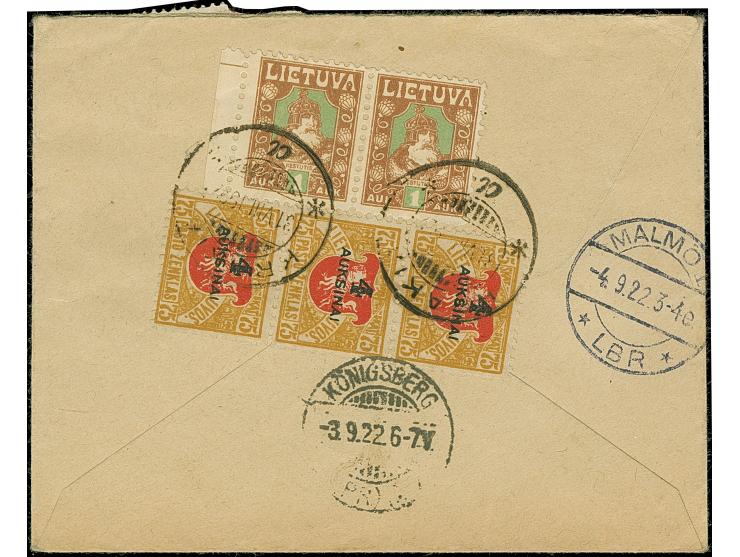 KRAKIAI: 1921, Kestutis 1 auksinas, horizontal pair, together with additional franking, tied by cds. “KRAKIAI 31.VIII.1922” t