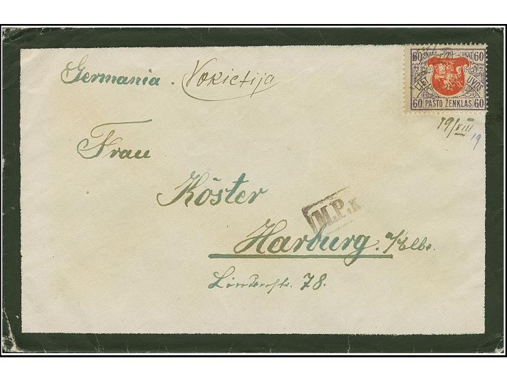 GRUZDIAI: 1919, Fourth Berlin Issue 60 skatiku, tied by handwritten cancellation “Gruzdiai 19/VIII” to censored mourning cove